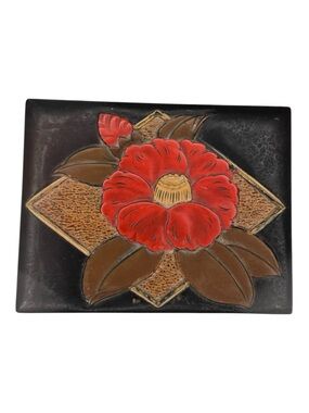 Vintage 3D Carved Black Trinket Box with Red Poppy | Small Jewelry Storage Box